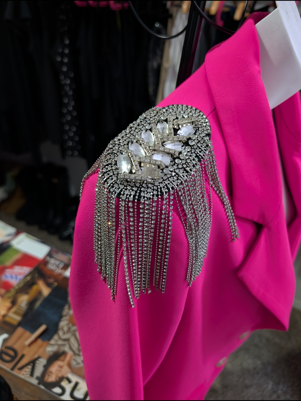 Rhinestone Fringe Shoulder Brooch - Hot Pink